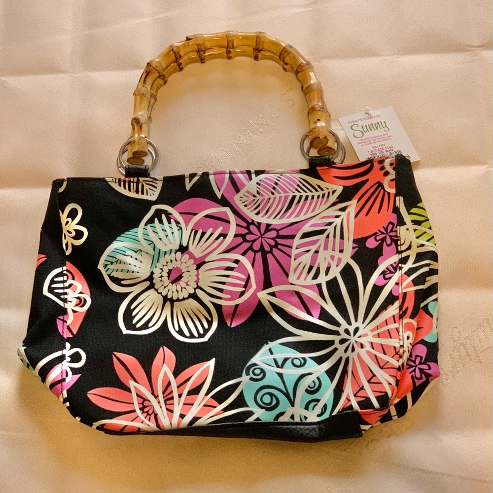 Floral design handbag with bamboo hands